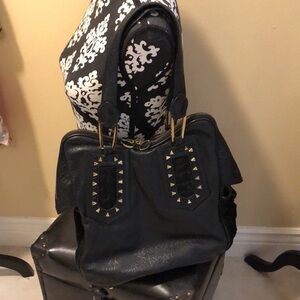 House of Harlow 1960 Avery Leather, studded, velvety fur basketweave footed Bag